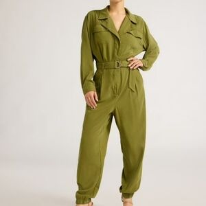 Olive Green Women Utility Jumpsuit Size M Long Sleeve Belted Jogger Boho Grunge